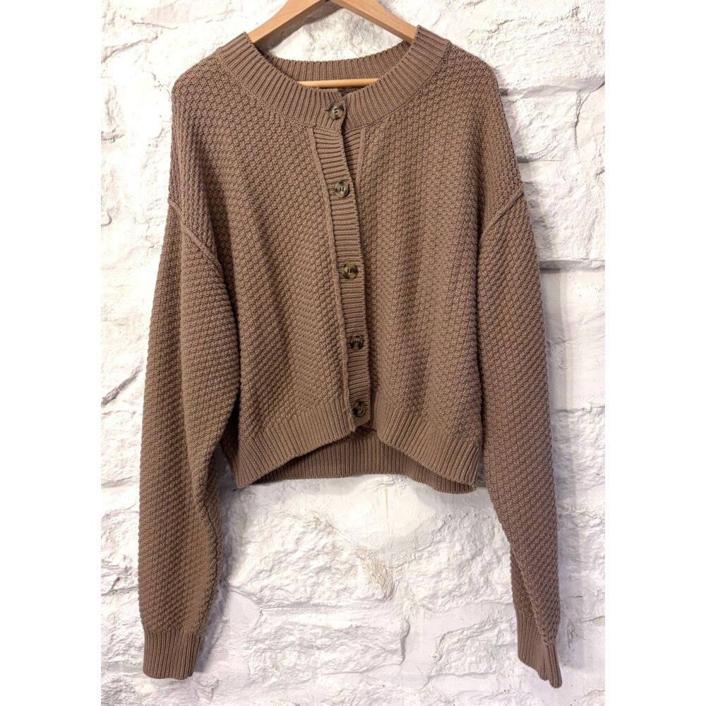 Free People Taupe Chunky Knit Cropped Cardigan Textured Cozycore Grandpacore XL - Picture 1 of 7
